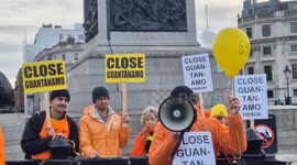 MP Apsana Begum joins activists demanding the closure of Guantanamo Bay in Trafalgar Square