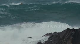 Storm Isha, Waves crash in fury over Cribbar Point in Cornwall UK