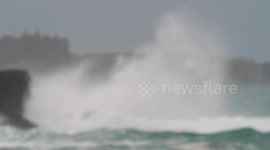 UK Weather. Isha storm riders, Hydroblade surfers ride the storm waves. Cornwall, UK