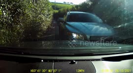 Close Call: Dashcam Captures Narrow Escape on a Devon Country Lane