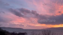Beautiful red skies as Storm Jocelyn approaches Loch Long in Argyll Scotland