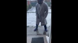 Man playing on frozen floor almost slips on it *Hilarious Reaction*