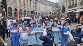 Protesters dressed as healthcare and press workers join tens of thousands marching for Palestine in London