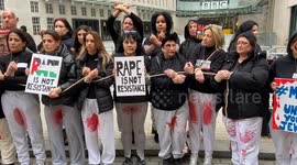 Bloodied and tied-up “Israeli hostages” paraded during Rape Is Not Resistance demonstration outside BBC HQ in London