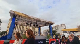 In front of The Belagio Hotel and Casino they are setting up for Superbowl Sunday