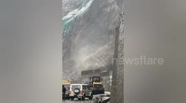 A heavy Landslide buries section of highway in Jammu Kashmir,northern India
