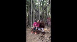 Orangutan poses with tourist at zoo in Thailand