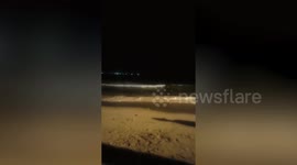 Bioluminescent planktons glow bright blue at night on beach