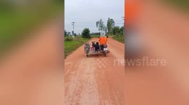 Two pet dogs stand in motorcycle sidecar with owner