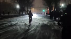 Snow blown by wind on a road in Shenyang, China