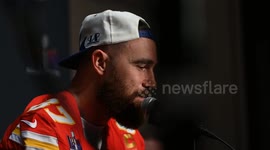 Travis Kelce speaks to members of the media in Las Vegas, NV, USA