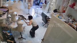 Rampaging monitor lizard charges through clothes shop