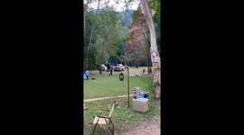 Wild elephant runs through campsite in Thailand