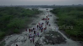 Immersion of idol in Polluted Yamuna of Delhi on the occasion of Sarswati Puja near kalindi Kunj.
