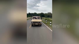 Pet dogs enjoy view from moving car with broken windscreen