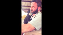 Floppy Frank the cat has evening cleaning of daddy's beard