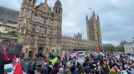 London, UK. 21 FEB, 2024. Rally to demand MPs vote for a cease fire in Palestine organised by SWP, PSC and Stop the War Coalition.