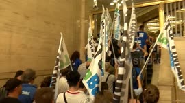 Bankers marched in rejection of the eventual privatization of national bank in Buenos Aires, Argentina