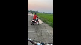 Schoolboy falls into rice paddy while riding bicycle along farm road