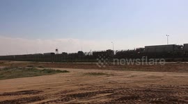 Aid trucks to Gaza are blocked at the border in Kerem Shalom, Israel