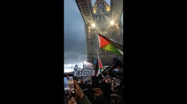 Pro-Palestine protesters shutdown London Tower Bridge Setting off flares and drummers playing in the road.