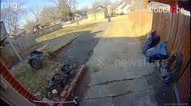 Slick doorbell camera captures woman's epic battle with mischievous spare tire
