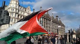 Pro Palestine protest in Westminster opposite Winston Churchill statute