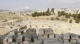 View from above of Jerash Archeological Site in Jordan. Jerash is an ancient city located in Jordan that dates back to the Greco-Roman period. It is one of the best-preserved Roman cities in the world.