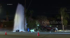 Overturned truck crashed into a hydrant in Northridge, LA, USA