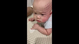 6-month-old baby sports box imprints after nap: mom finds it amusing