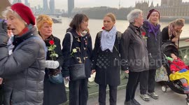 Pro-Palestine protesters form a human chain and carry a giant puppet on Westminster Bridge