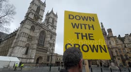London, UK. 11 Mar 2024. A group of protesters from Republic, a campaign group that advocates for the abolition of the monarchy, gathered outside Westminster Abbey on Commonwealth Day. They held banners and placards that read