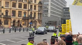 Anti-monarchy protesters boo and heckle Prince William and Queen Camilla as they arrive at Westminster Abbey for Commonwealth Day