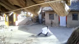Girl takes a bump while running from firecracker in Gansu, China