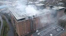Aerial footage of fire in apartment building in Leith, Edinburgh on 14th March 2024
