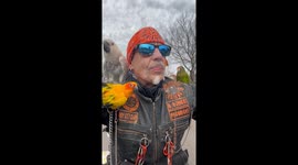 Biker is the epitome of cool as he cruises down street with parrot escort