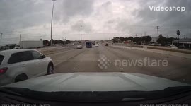 Close Call: Car Loses Control On Highway Almost Crashing Into Lane Divider And Vehicle