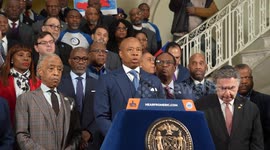 Mayor Eric Adams speaks during rally in support of Haiti at City Hall in New York