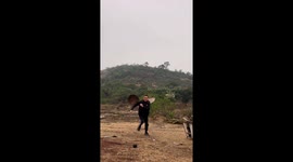 Chickens fly down mountain when owner clangs two pot lids together