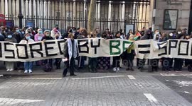 Pro-Palestine protesters gather outside the British Museum against BP sponsorship