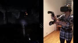 Woman plays VR horror game and screams wildly, shaking due to adrenaline
