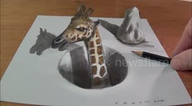 Trick Art, Drawing a Giraffe in a Hole, 3D Illusion by Vamos