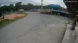 Garbage truck narrowly misses local crossing road when it crashes and flips