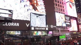 Shakira performs on balcony of TSX Broadway on Times Square in New York