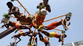 Hindu devotees display their extreme devotion by piercing skin with metal hooks and hanging from cranes