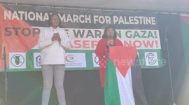 Speakers Diane Abbott rally for a ceasefire in Trafalgar Square, London, UK