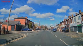 Wheelchair user and helper forced around car