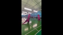 Guys play badminton dresses as pink dinosaurs