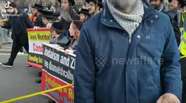 Pro-Palestine Rabbi marches in frontline chanting Free Palestine , London, UK.