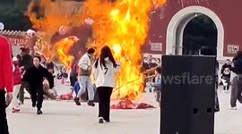 Massive fireball scares people away after vendor ignites hydrogen balloons during conflict in China